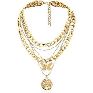 Layered Necklaces for Women Trendy Retro Coin Pendant Necklace Dainty Chunky Cha